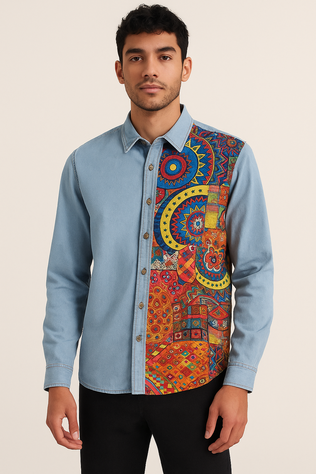 Men's Printed Patchwork Denim Shirt