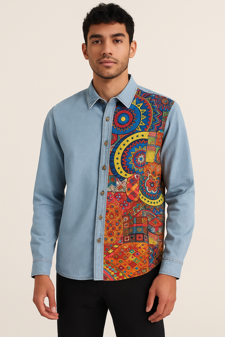 Men's Printed Patchwork Denim Shirt