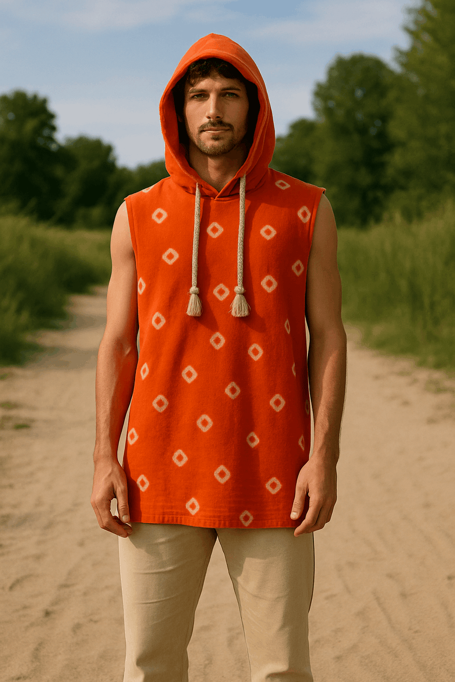 Men Orange Bandhani Sleeveless  shirt with hood