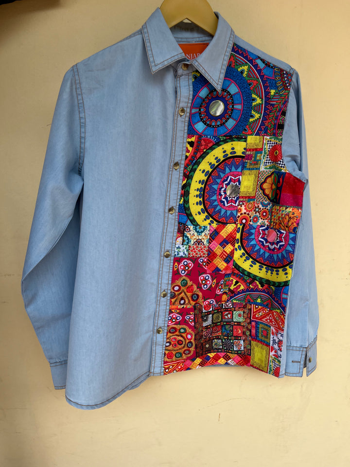 Men's Printed Patchwork Denim Shirt