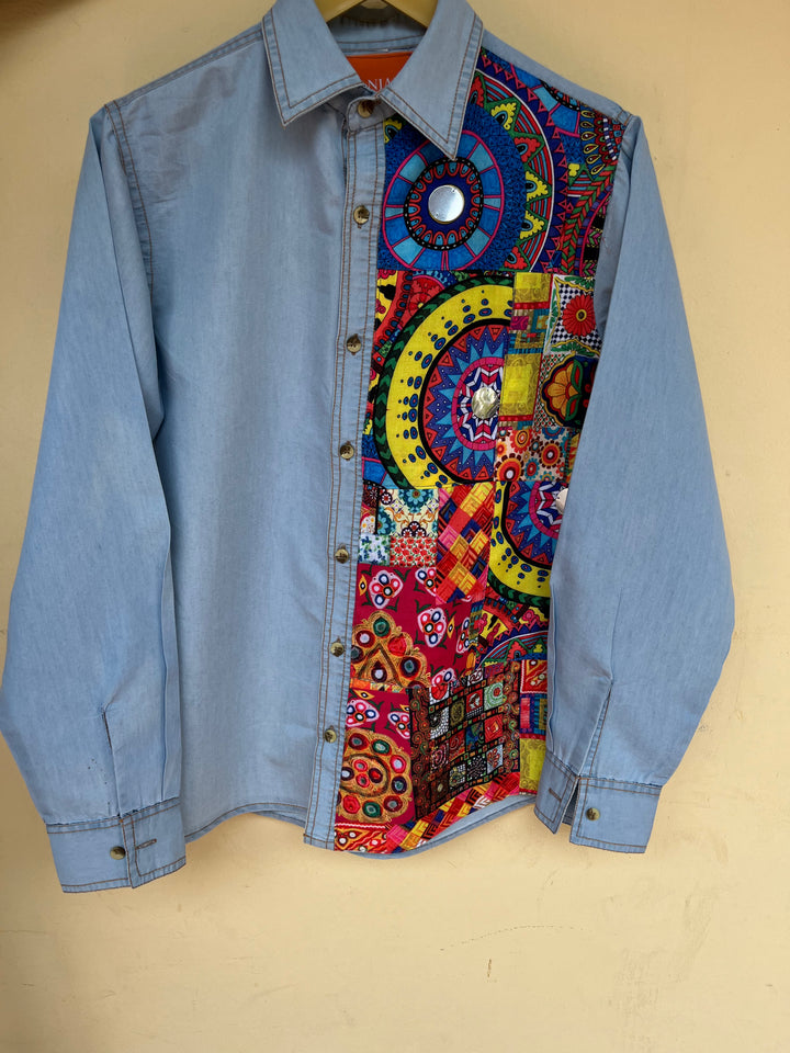 Men's Printed Patchwork Denim Shirt