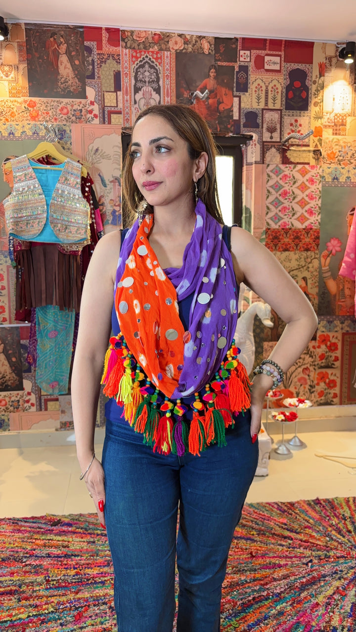 Dual-Tone Boho Bandhani Scarf – Orange & Purple Tassel Edit