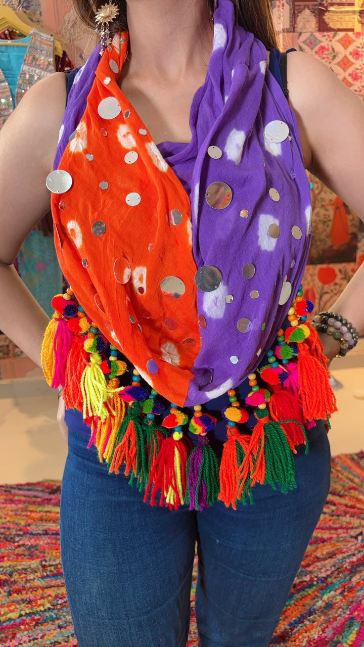 Dual-Tone Boho Bandhani Scarf – Orange & Purple Tassel Edit