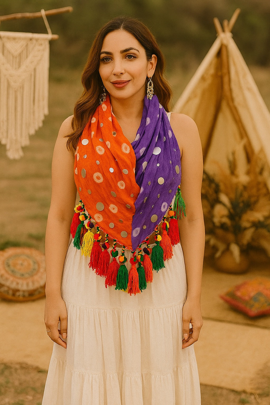 Dual-Tone Boho Bandhani Scarf – Orange & Purple Tassel Edit