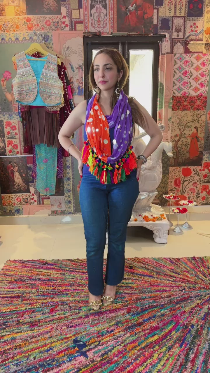 Dual-Tone Boho Bandhani Scarf – Orange & Purple Tassel Edit