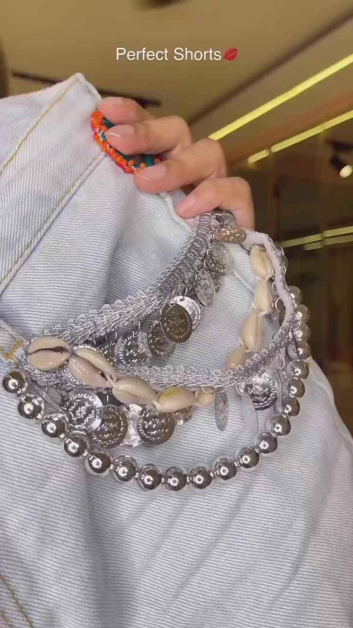 Shimmering seaside chains denim shorts