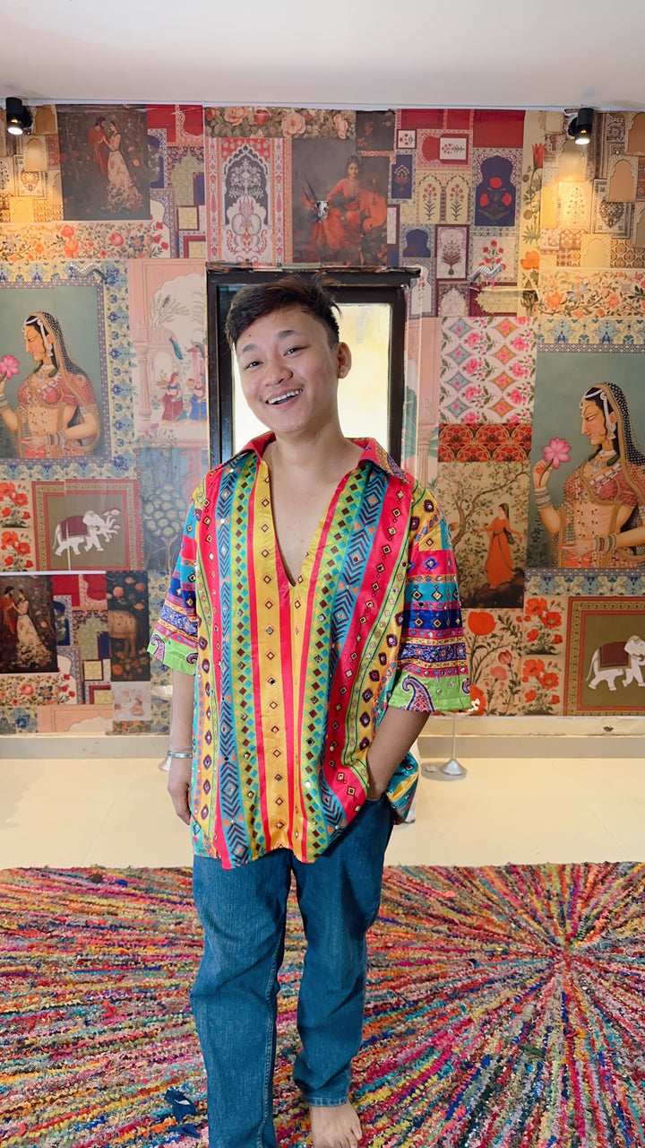 Men’s Vibrant Striped Boho Kaftan Shirt – Festival & Resort Wear