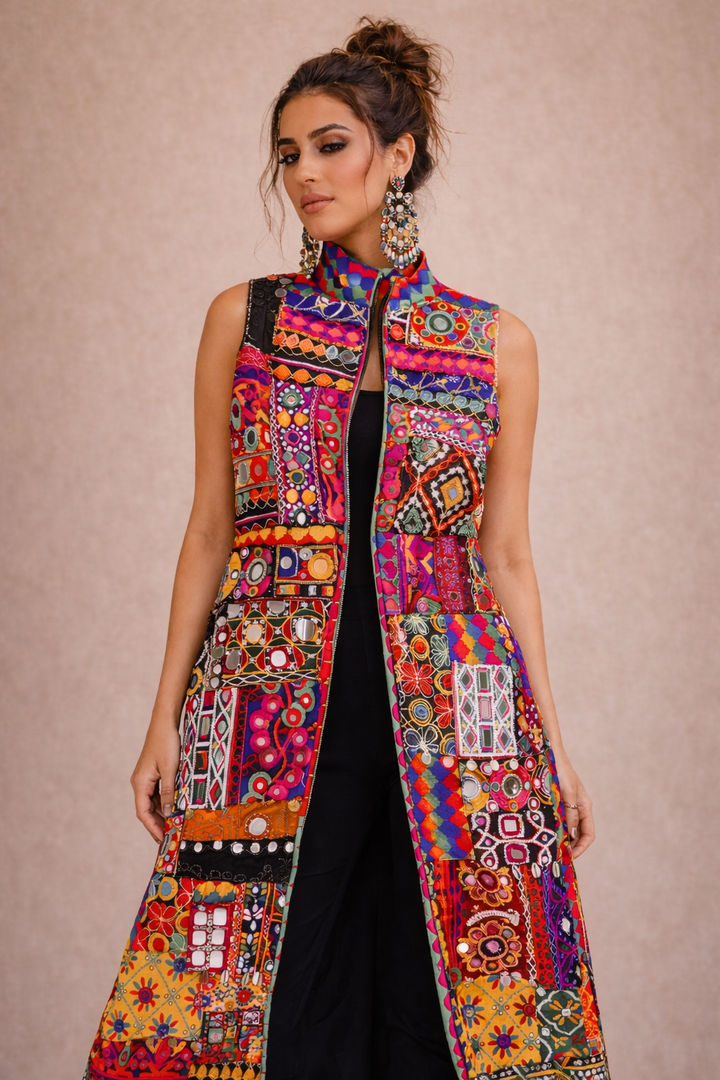Boho Patchwork Sleeveless Mirrorwork Jacket