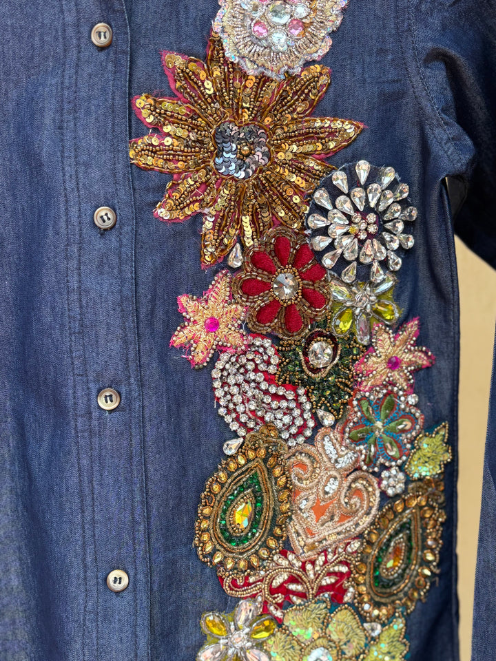 Hand-Embroidered Denim Shirt – Jewel Floral Cascade