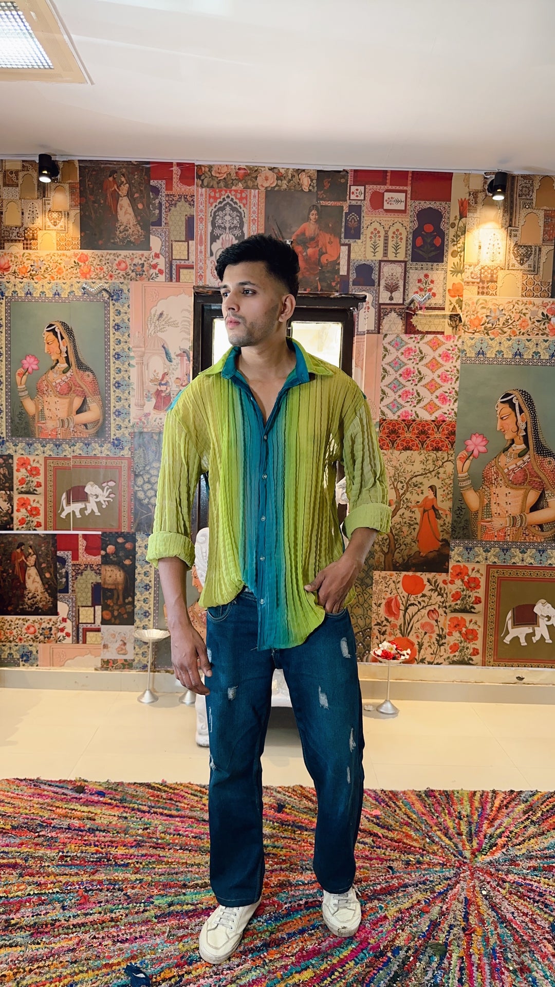 Men’s Lime & Teal Ombre Crinkle Shirt – Casual Resort Wear