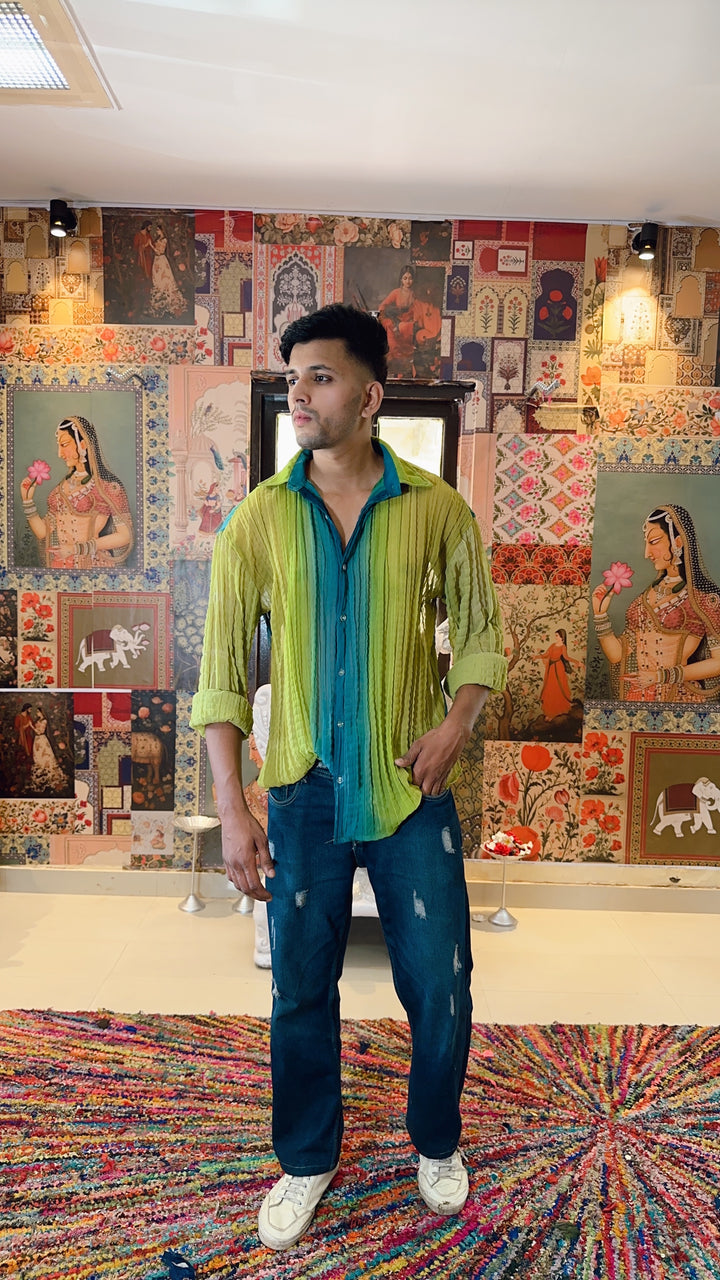 Men’s Lime & Teal Ombre Crinkle Shirt – Casual Resort Wear