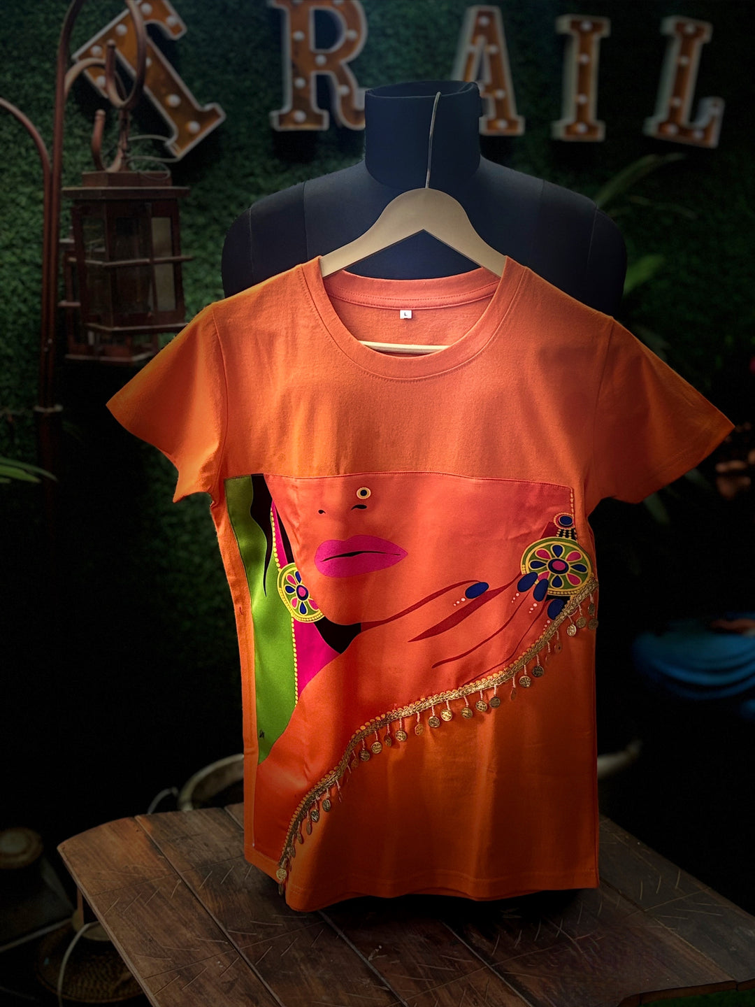 Bold Diva Boho Art T-Shirt – Handcrafted Orange Statement Piece