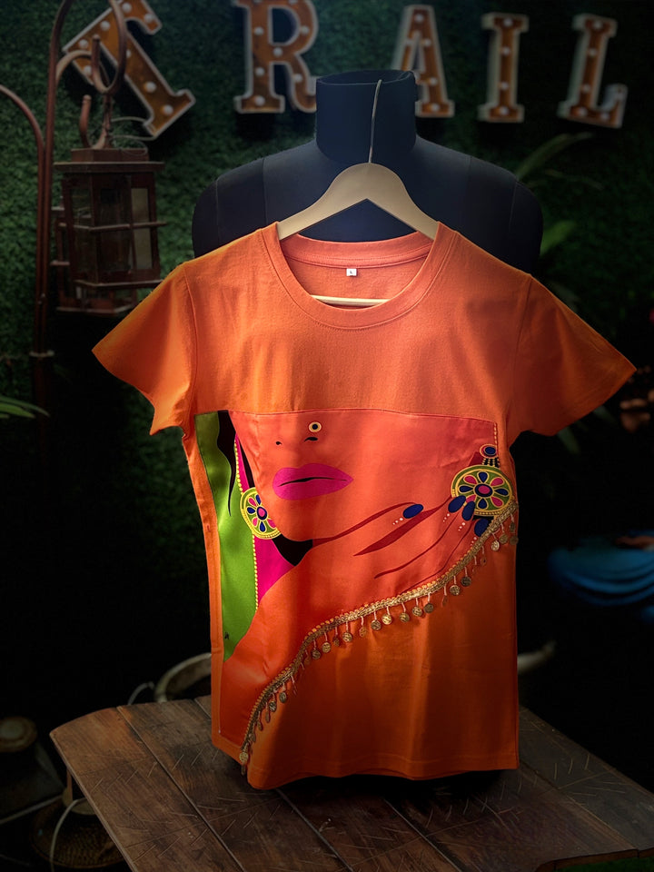 Bold Diva Boho Art T-Shirt – Handcrafted Orange Statement Piece
