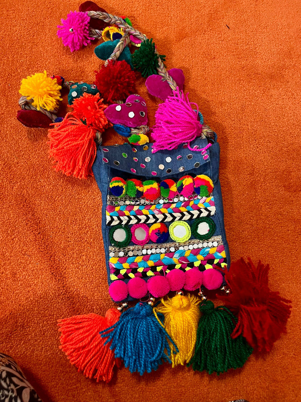 Embroidered Sling Bag with Pom-Pom Strap
