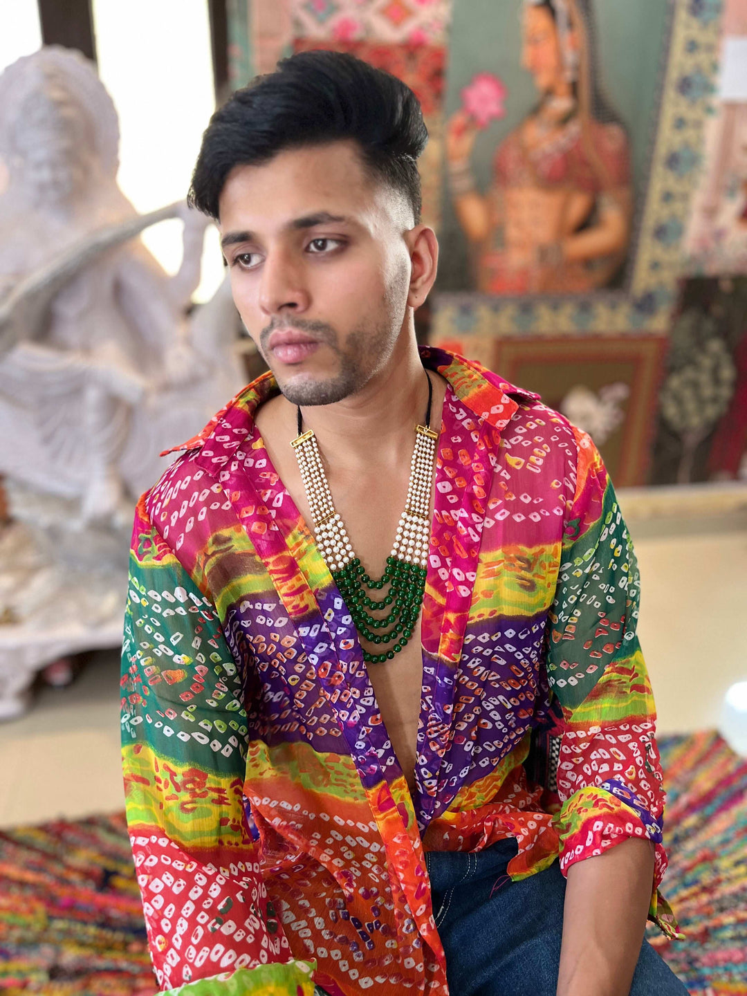 Rainbow Bandhani Printed sheer Boho Shirt