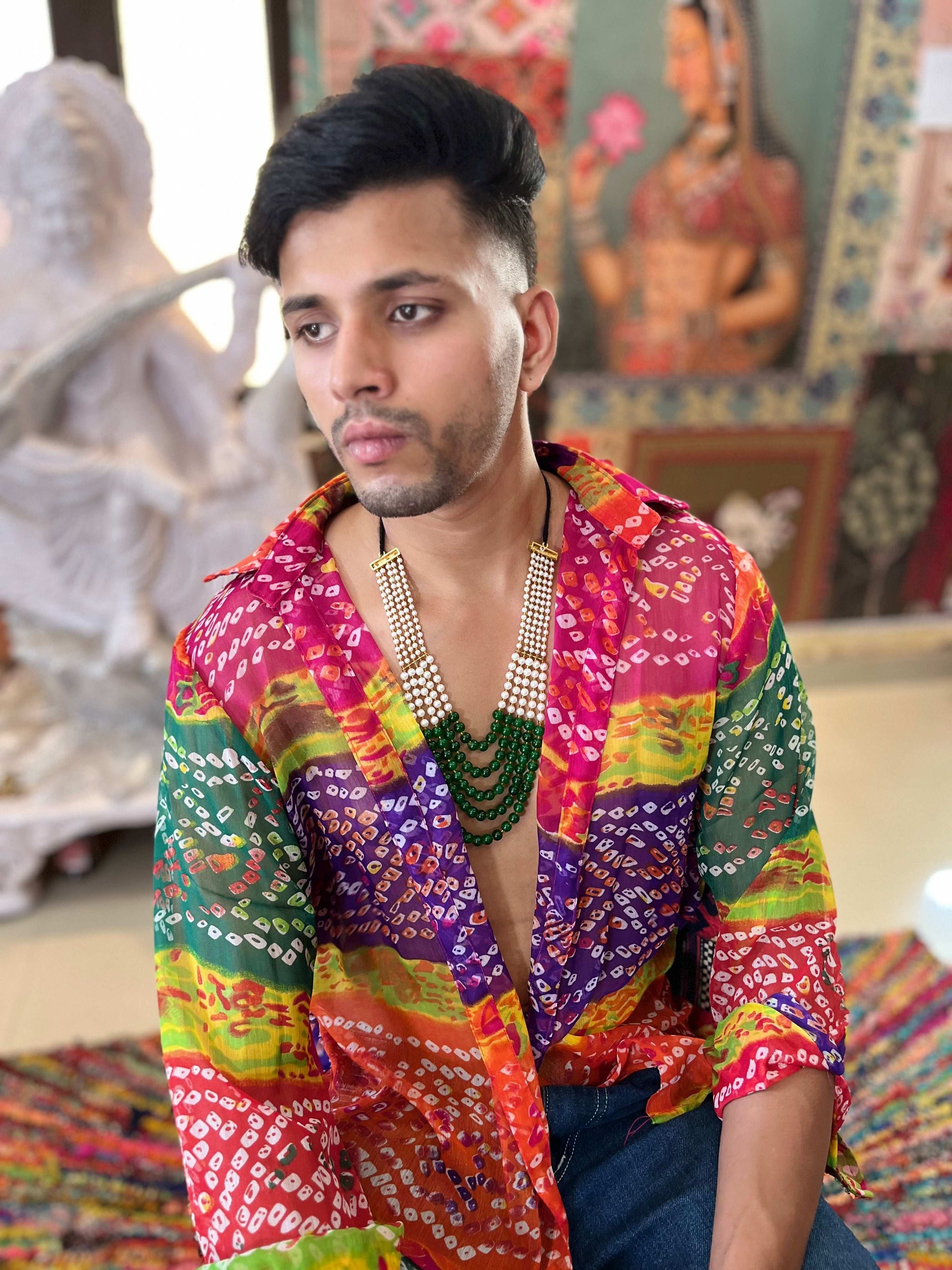 Rainbow Bandhani Printed sheer Boho Shirt
