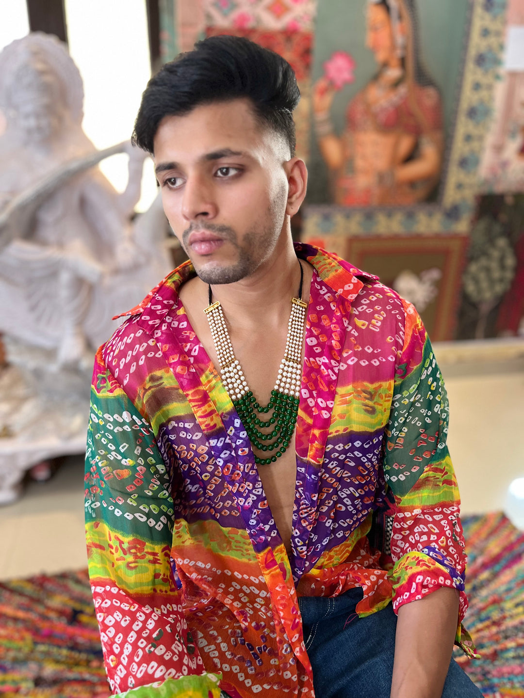 Rainbow Bandhani Printed sheer Boho Shirt