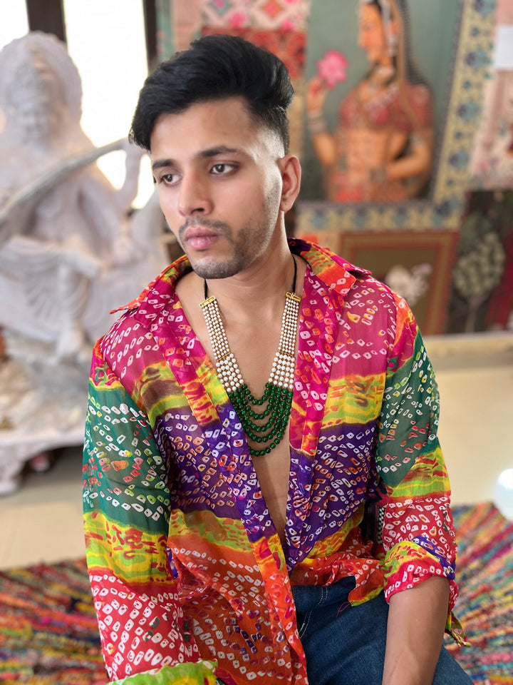 Rainbow Bandhani Printed sheer Boho Shirt