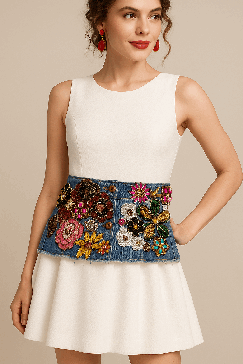 Hand-Embroidered Denim Bustier – Jewel & Floral Patchwork