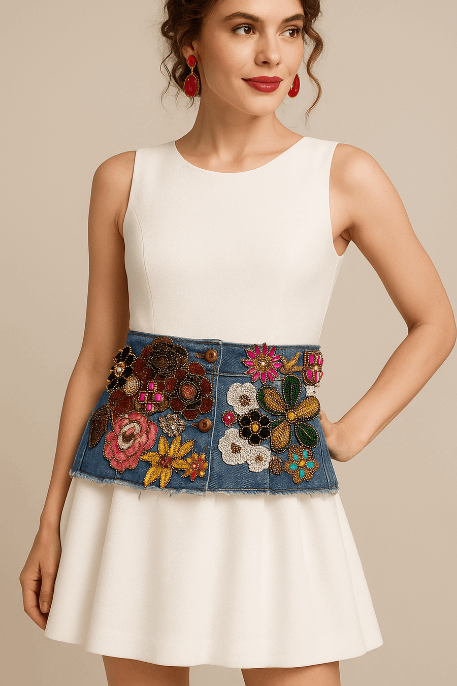 Hand-Embroidered Denim Bustier – Jewel & Floral Patchwork