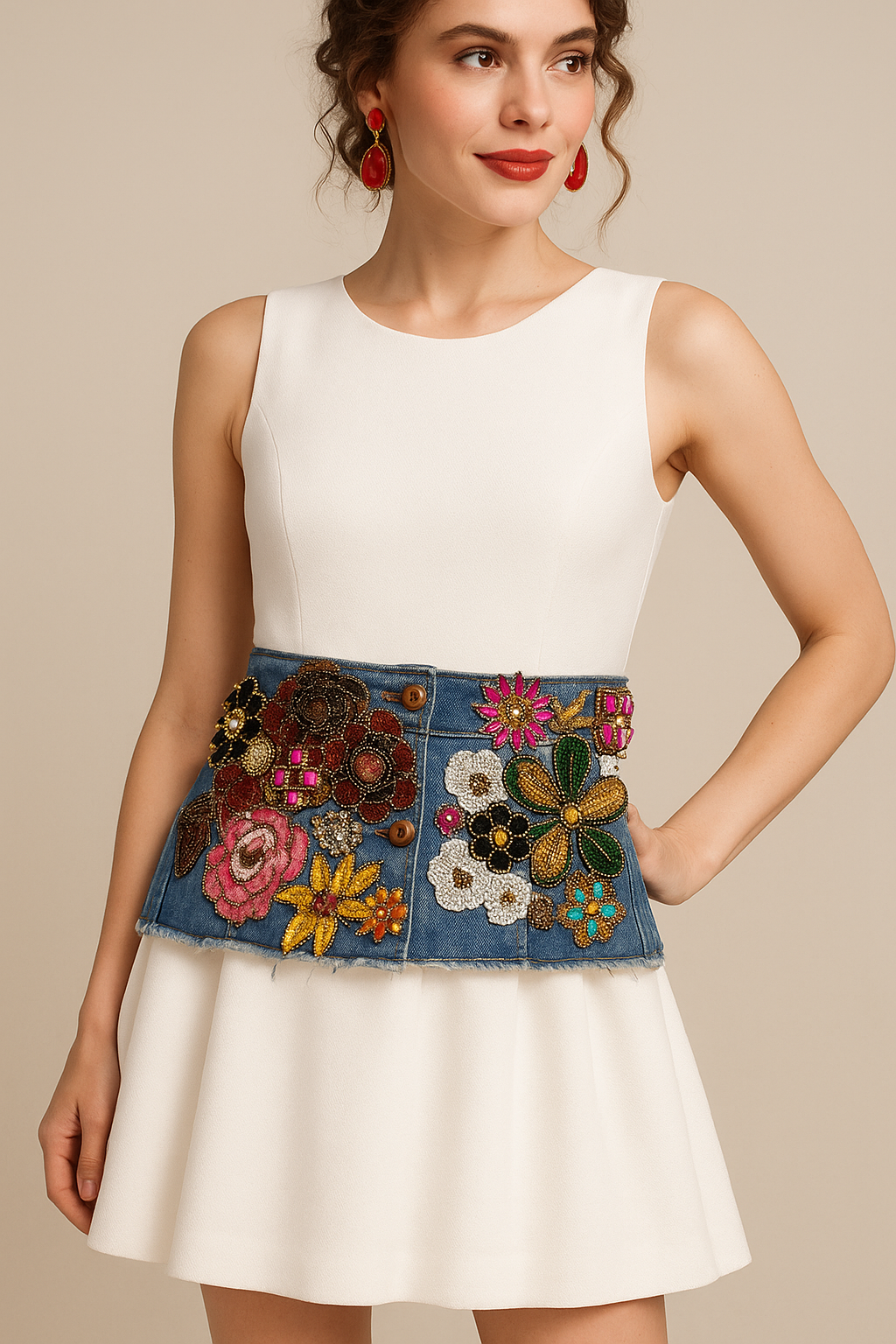 Hand-Embroidered Denim Bustier – Jewel & Floral Patchwork