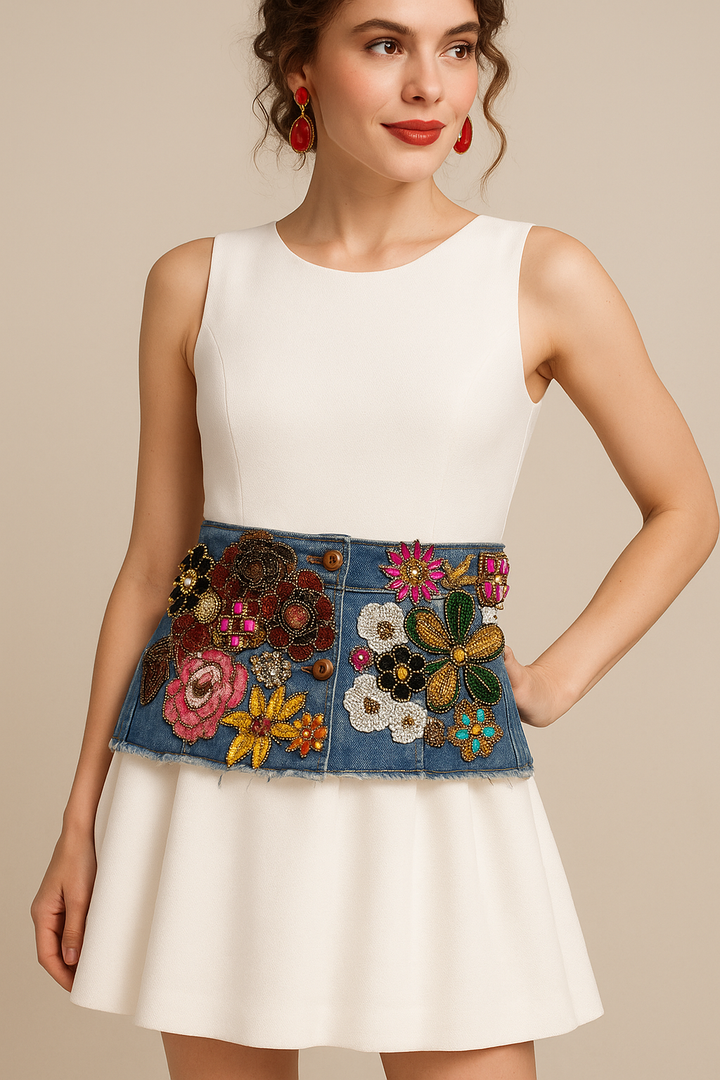Hand-Embroidered Denim Bustier – Jewel & Floral Patchwork