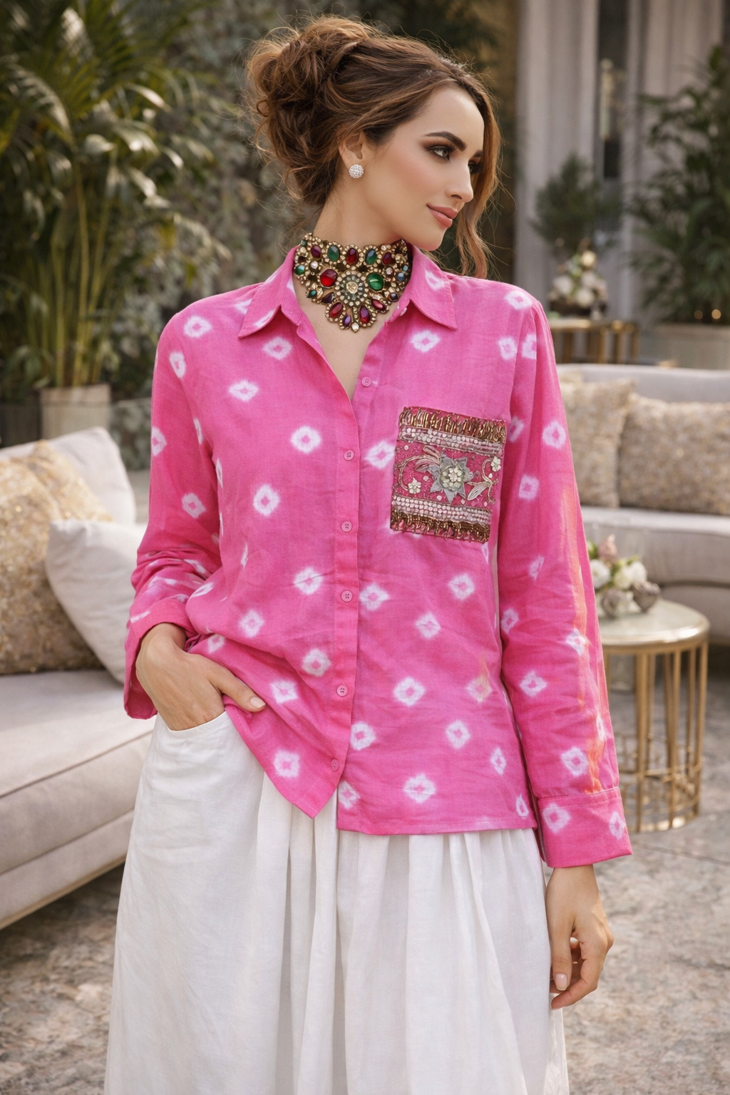 Cotton Bandhini Embellished Shirt