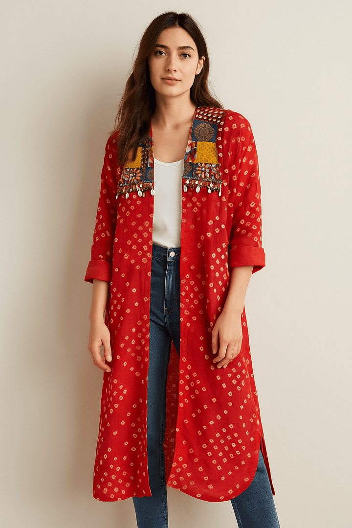 Red Bandhani Embellished Shrug - banjaratrail