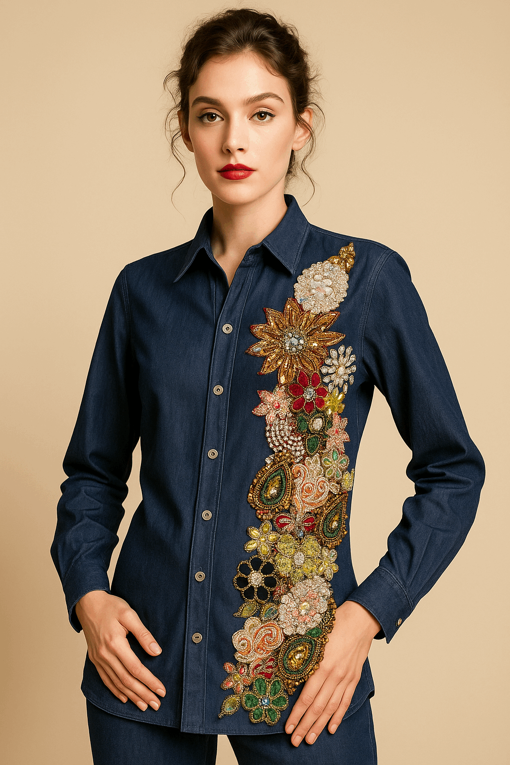 Hand-Embroidered Denim Shirt – Jewel Floral Cascade