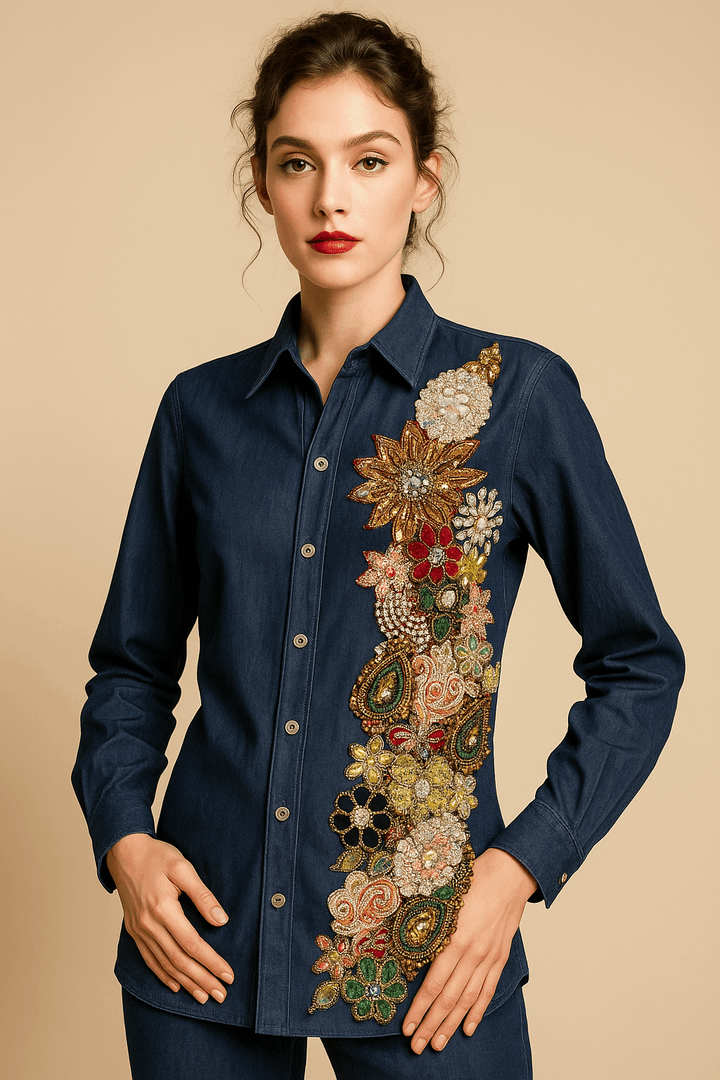 Hand-Embroidered Denim Shirt – Jewel Floral Cascade