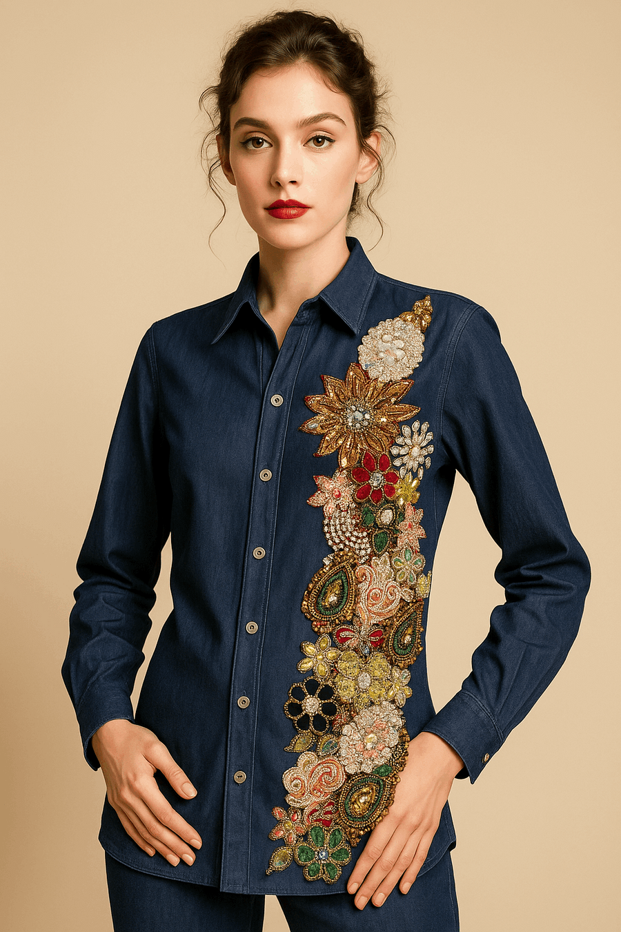 Hand-Embroidered Denim Shirt – Jewel Floral Cascade