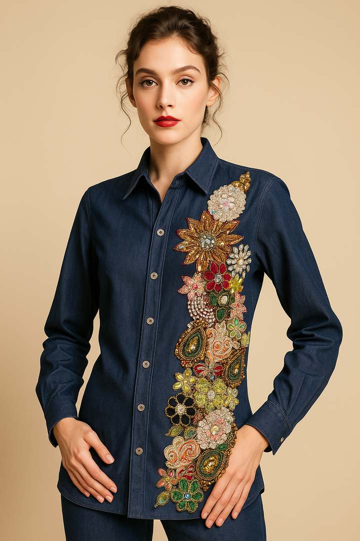 Hand-Embroidered Denim Shirt – Jewel Floral Cascade