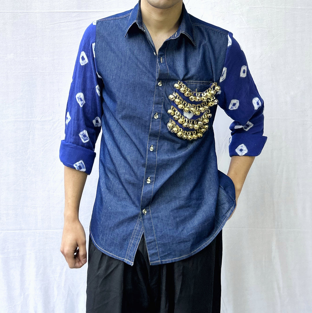 Neelkaar  Ghungroo Bandhani Denim Shirt
