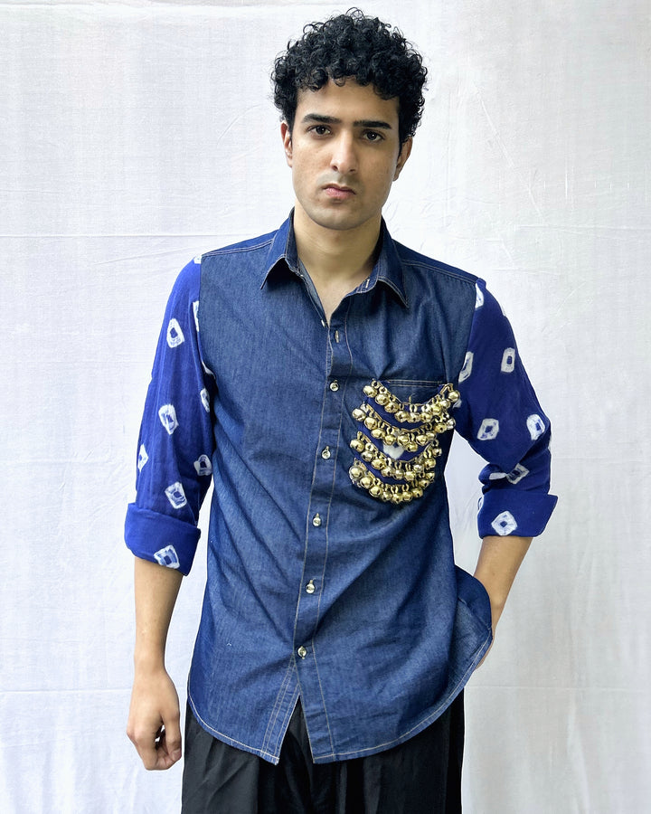 Neelkaar  Ghungroo Bandhani Denim Shirt