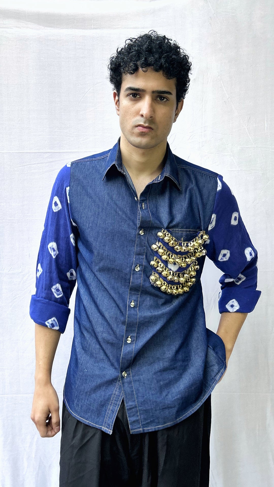 Neelkaar  Ghungroo Bandhani Denim Shirt