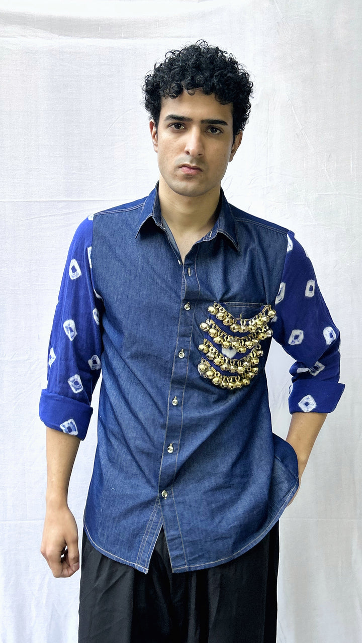 Neelkaar  Ghungroo Bandhani Denim Shirt