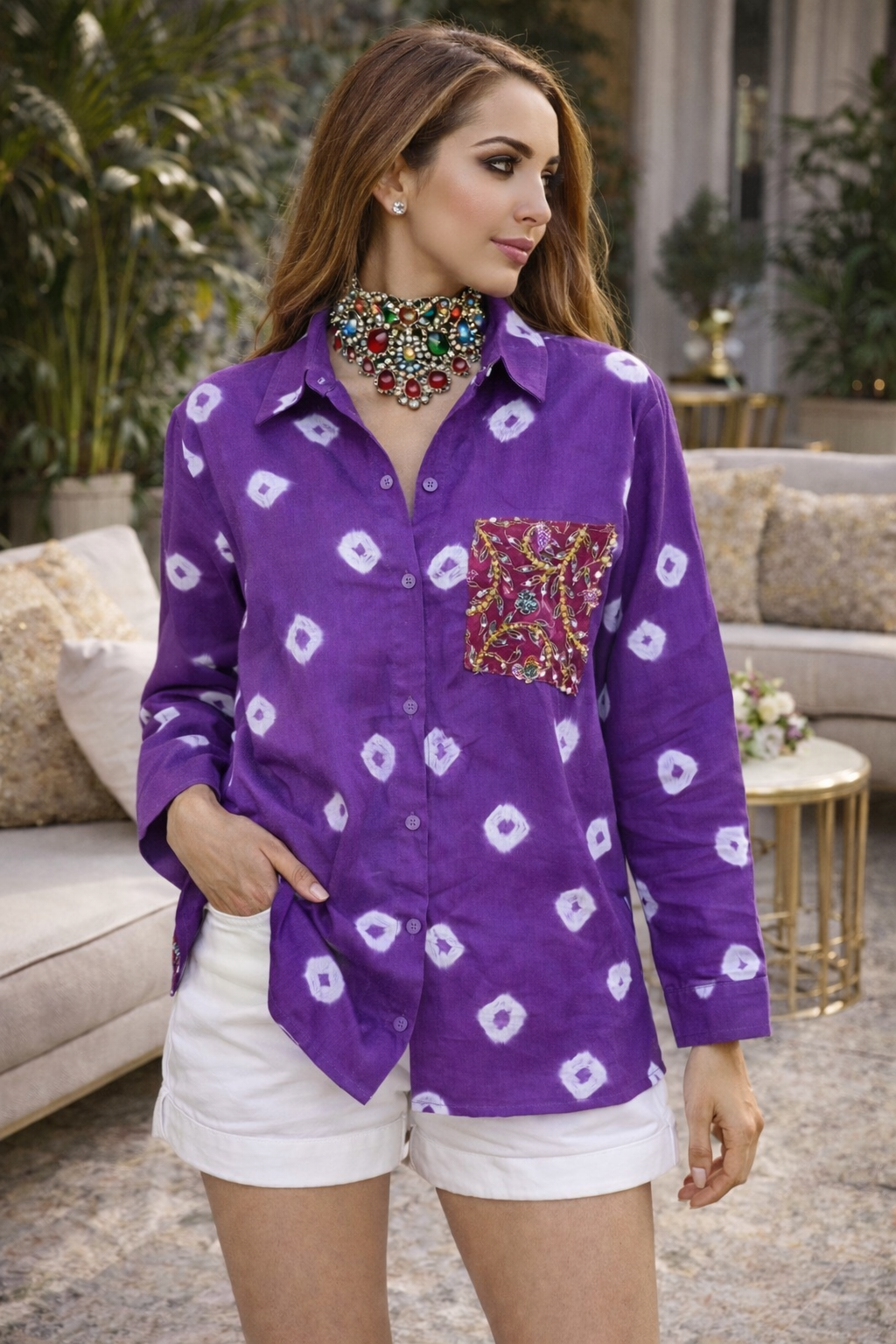 Cotton Bandhini Embellished Shirt
