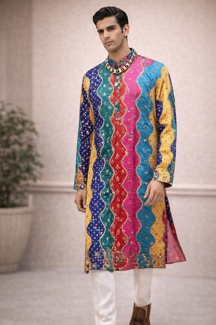 Multicolor Bandhani Print Kurta With Black Pajama For Men