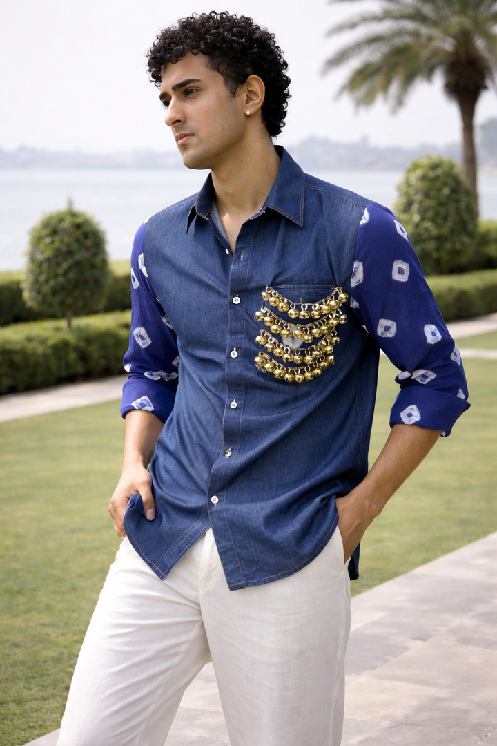 Neelkaar Ghungroo Bandhani Denim Shirt