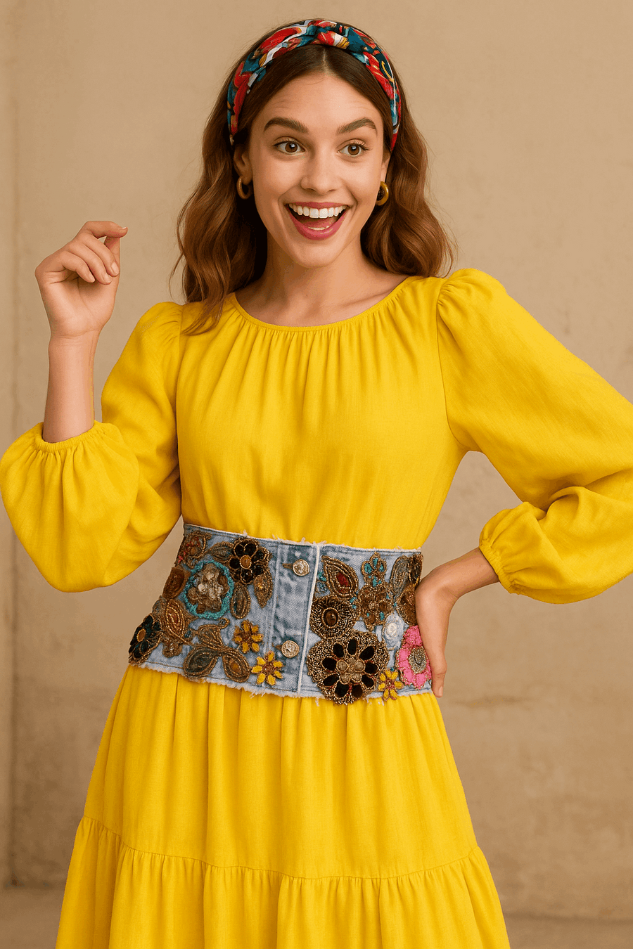 Hand-Embroidered Light Wash Denim Belt – Jewel & Floral Statement