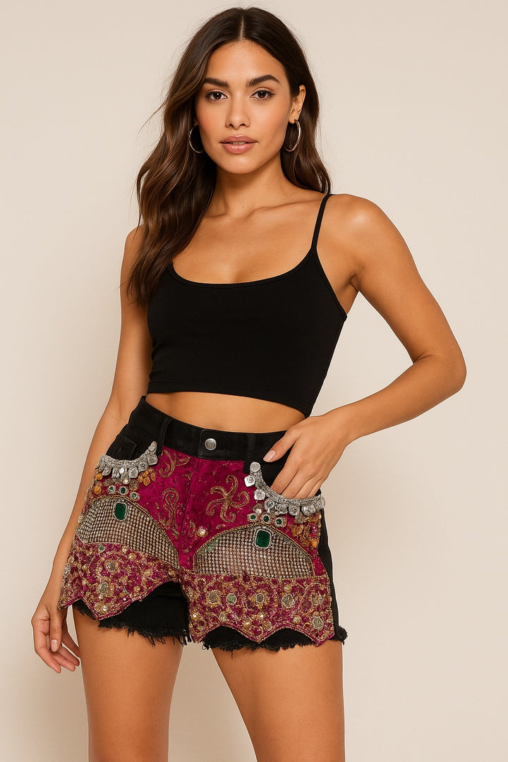 Embroidered Mirrorwork Shorts – Fuchsia Royal Edition
