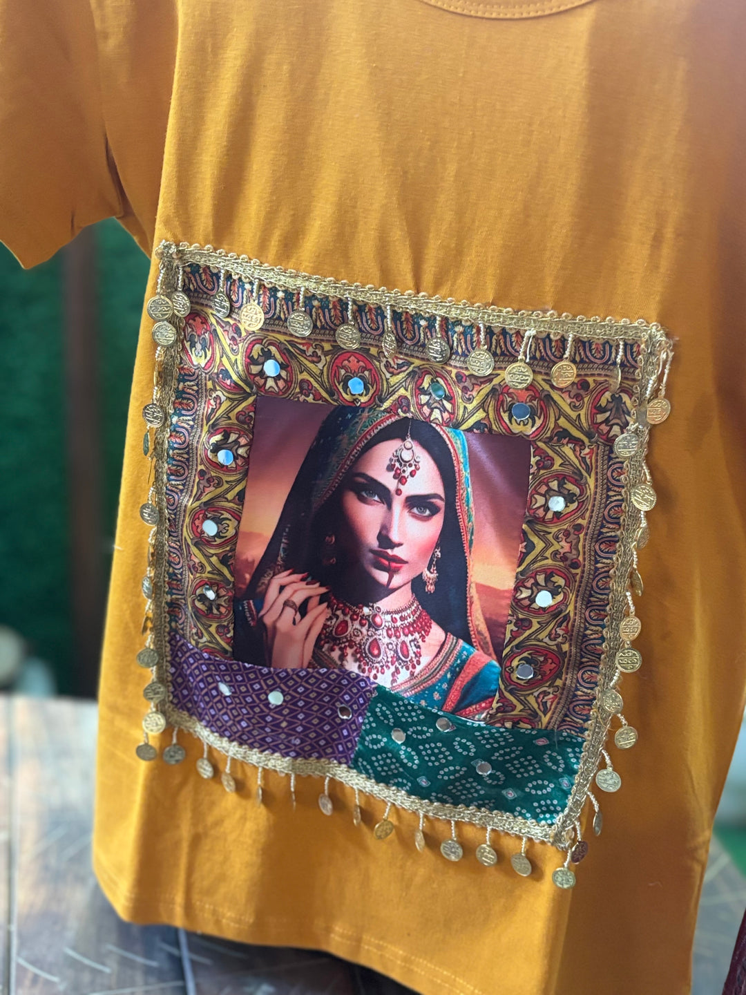 Maharani  Muse Boho Patch T-Shirt – Mustard Edition with Handcrafted Mirror & Coin Lace
