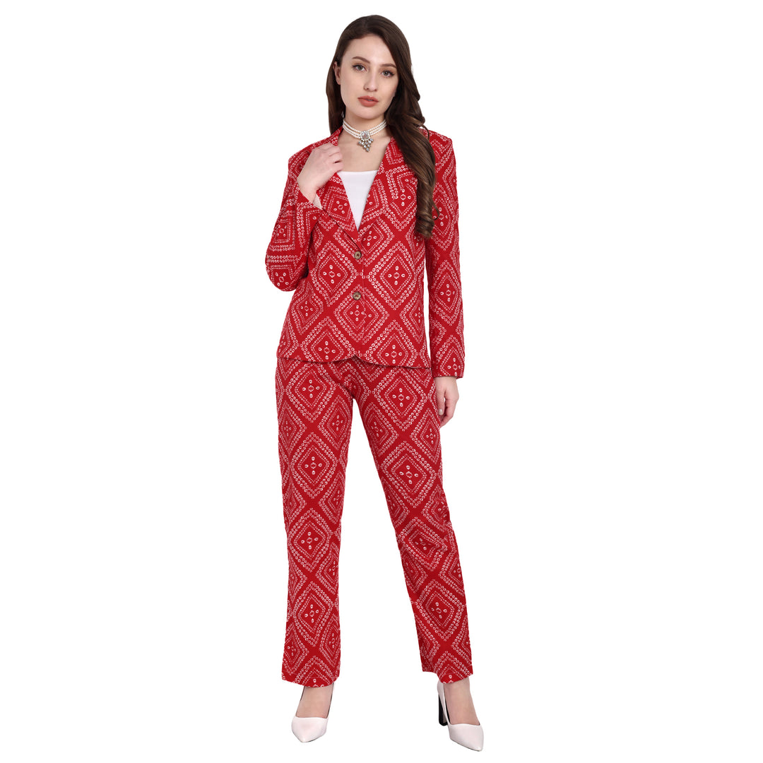 Red Bandhani Blazer Set in Cotton