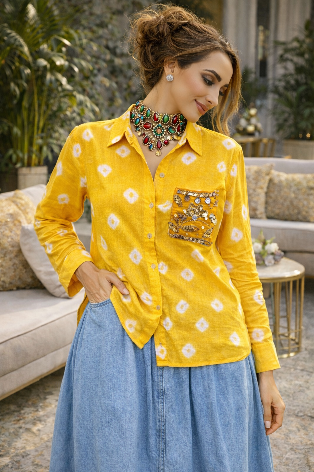 Cotton Bandhini Embellished Shirt