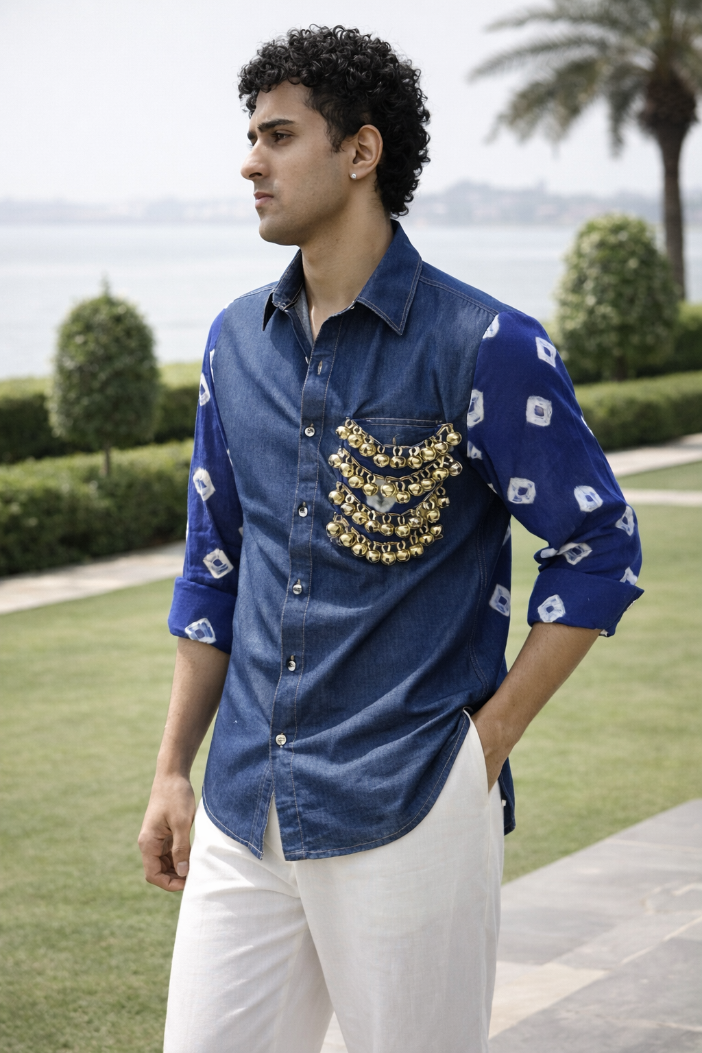 Neelkaar Ghungroo Bandhani Denim Shirt