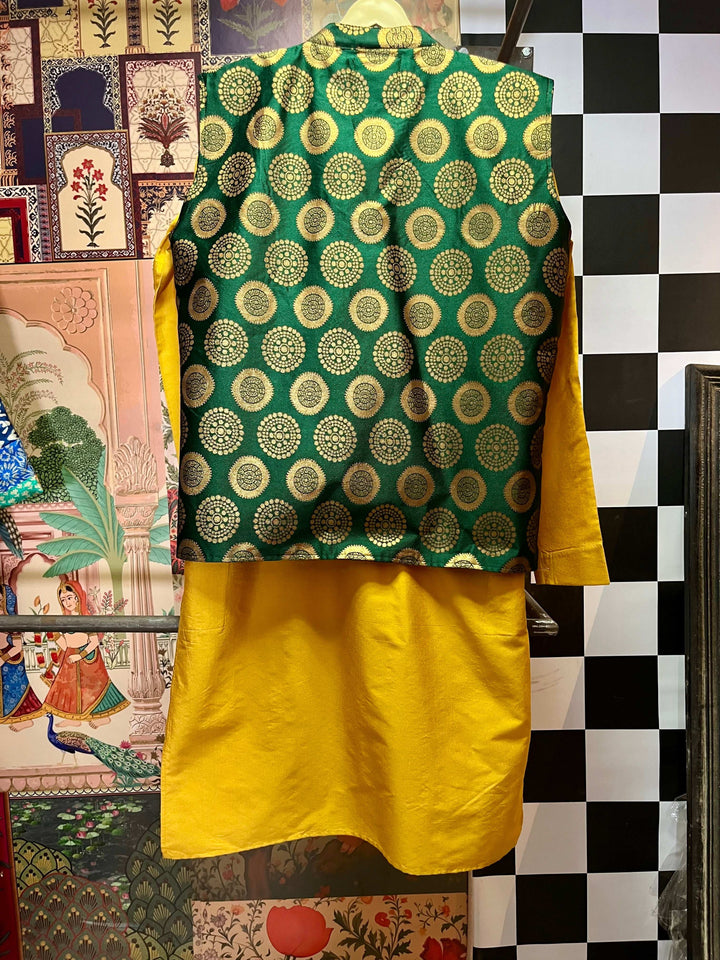 Bottle Green Brocade Nehru Jacket with Mustard Yellow Kurta Set for Men
