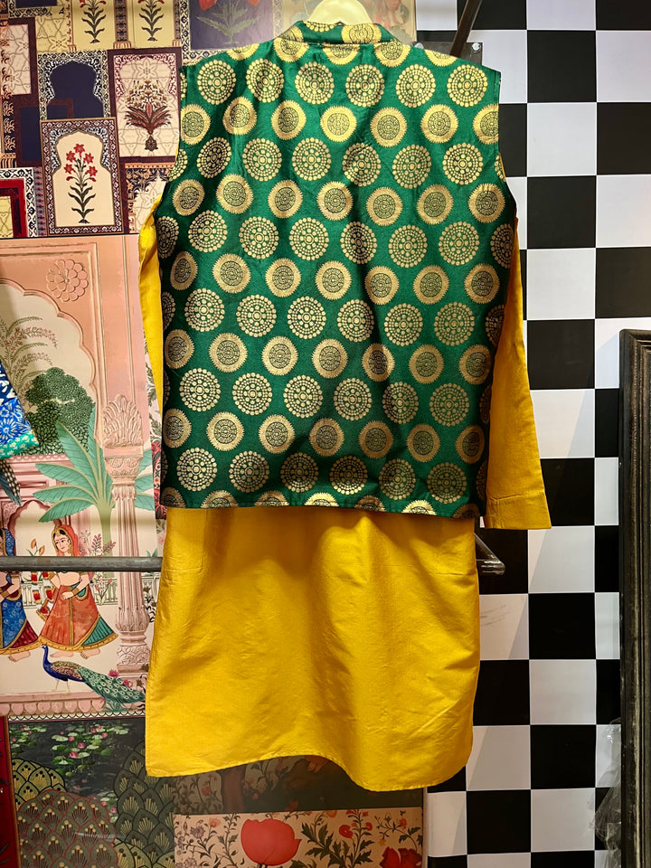 Bottle Green Brocade Nehru Jacket with Mustard Yellow Kurta Set for Men