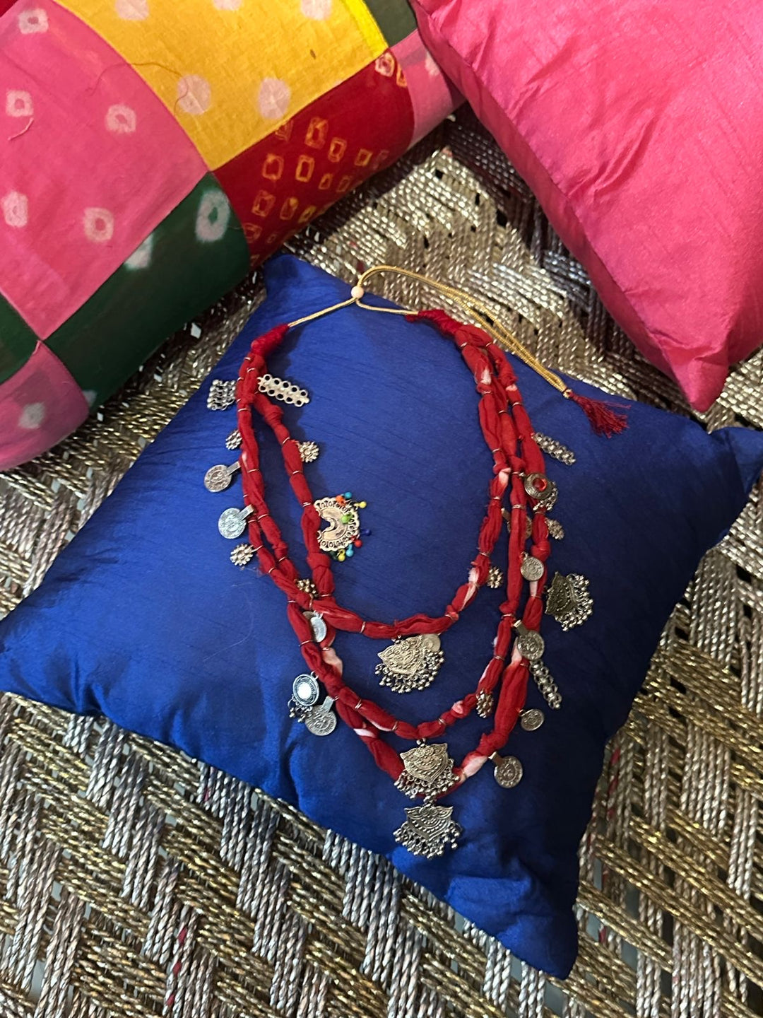 Tribal Tinkle Red Fabric Necklace