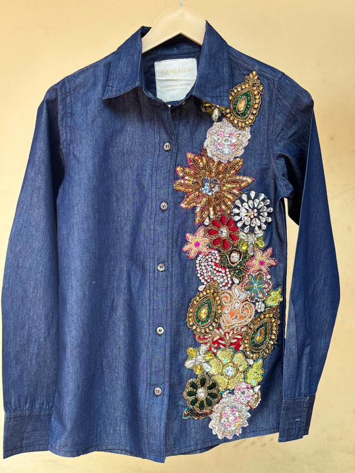 Hand-Embroidered Denim Shirt – Jewel Floral Cascade