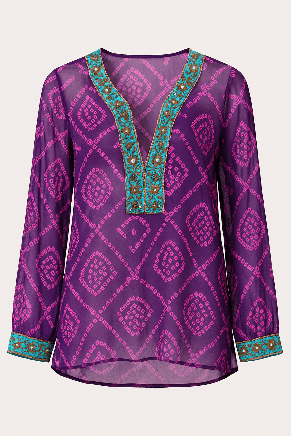 Sheer printed kurti with embellished neck purple - banjaratrail